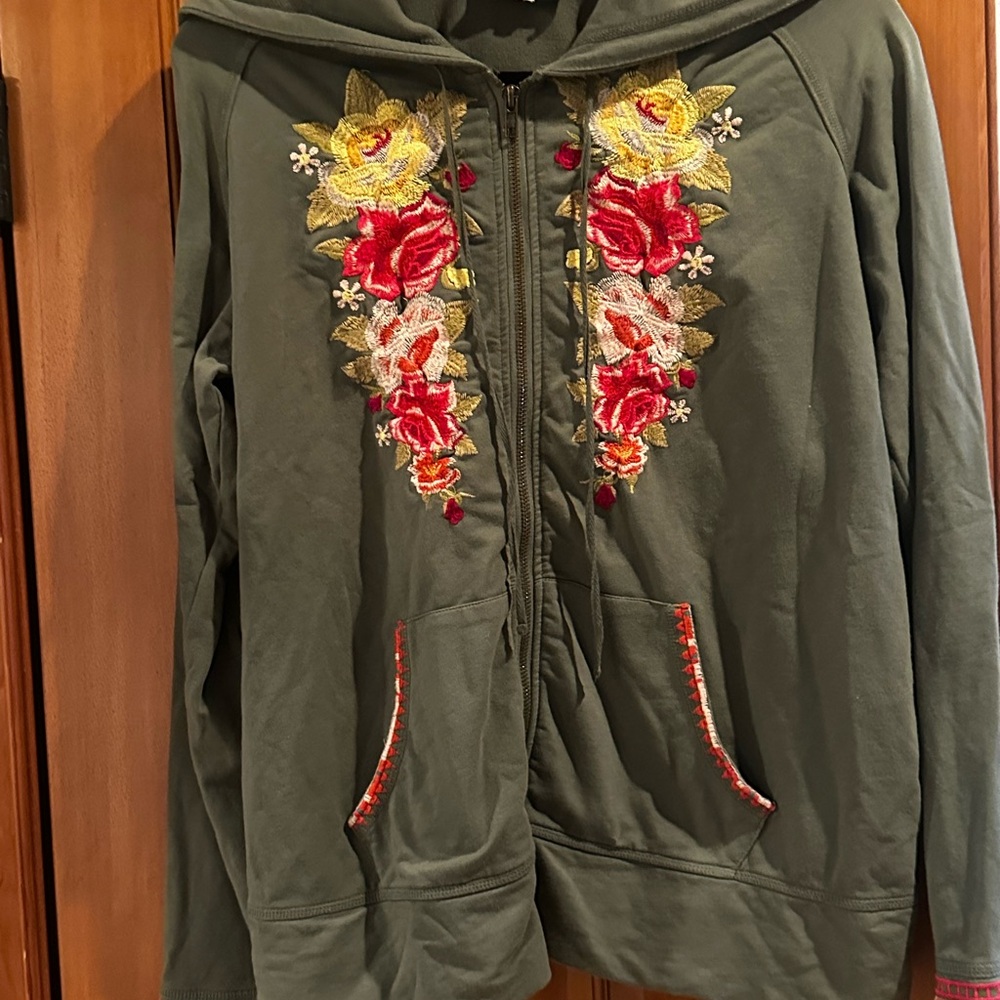 Johnny Was Olive Hoodie with Floral Embroidery